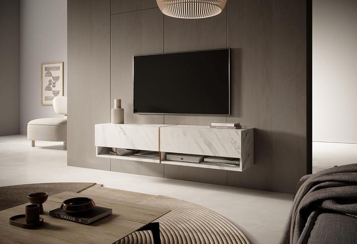 Actual product image Selsey Mirrgo Floating TV Console with Golden Accents and White Marble Finish (140 x 31.60 x 30 cm)