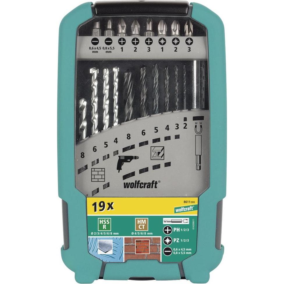 wolfcraft, Bohrereinsatz, Bohrer-Set „Metall, Holz & Stein“, 9-tlg. (5, 6, 8 mm)