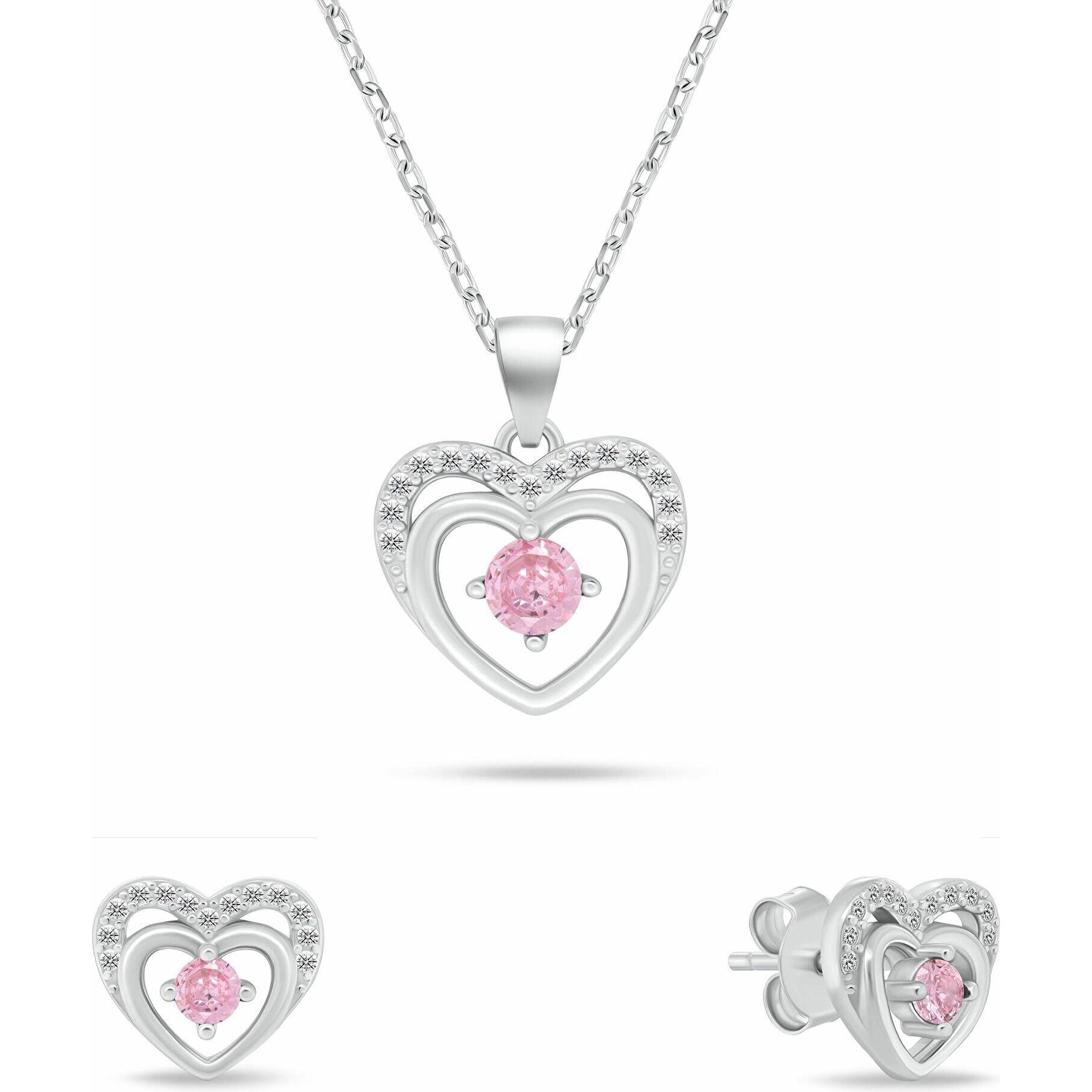 Brilio, Gioielli in set, Silver - Delicate silver jewelry set Hearts with pink zircons SET295WP (necklace. earrings), Pink, Argento, (Argento)