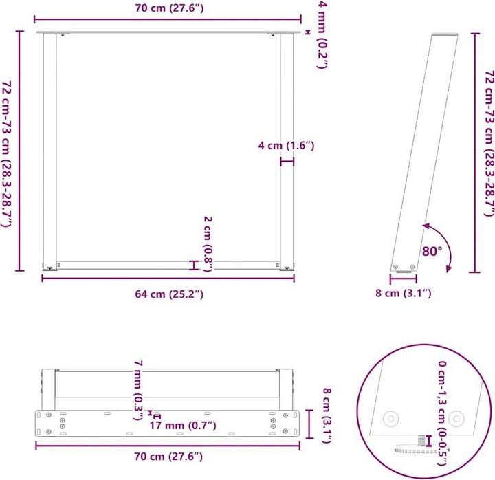 Image du produit VidaXL Pieds de table à manger en U 2 pcs. Blanc 70x(72-73) cm Acier Pied de table de salle à manger