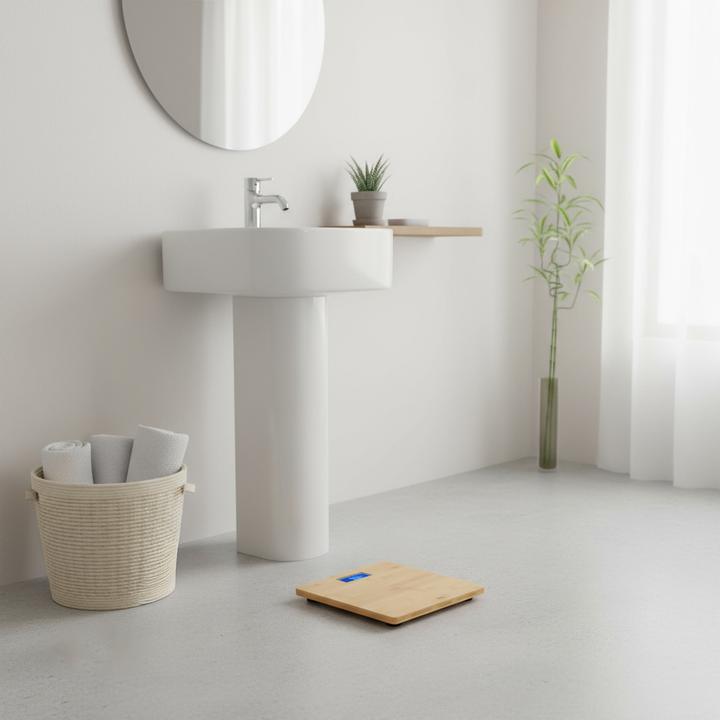 Actual product image TM Electron Bamboo Digital Bathroom Scale Ultra Slim Design 22.5mm LCD Display 84x41mm High Precision Sensors (180 kg)