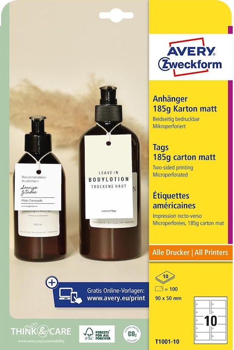 Produktbild Avery Kartonanhänger, 185 g/qm, 90 x 50 mm, weisse extra feine Mikroperforation, beidseitig bedruckt