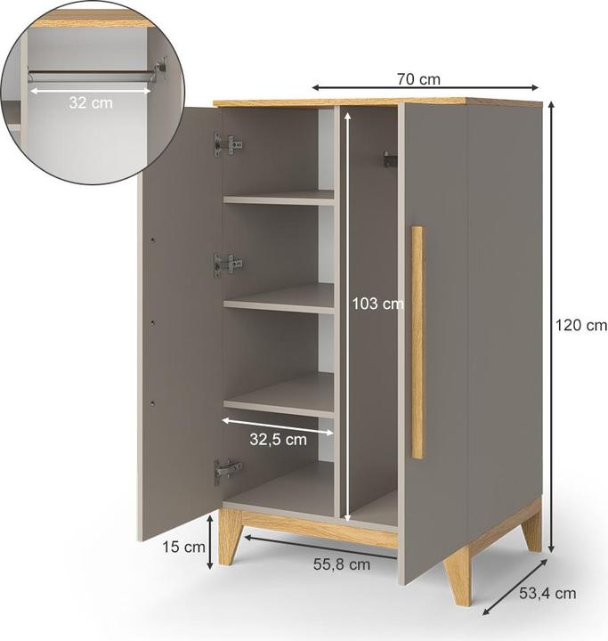 Immagine prodotto VitaliSpa Kinderkleiderschrank Malia, Cashmere-Eiche, 70 x 120 cm (53.40 cm)