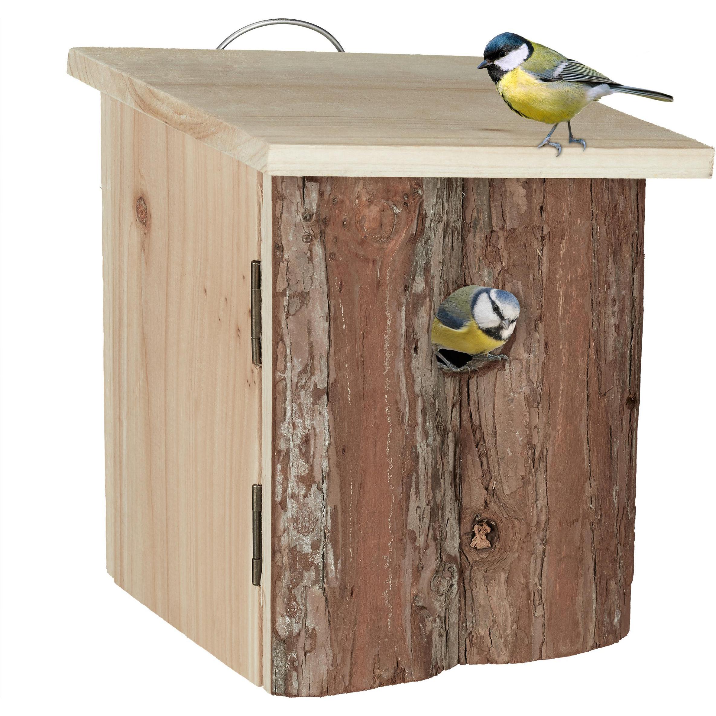 Comparer les prix de Relaxdays Nichoir d’extérieur pour oiseaux, bois, avec écorce, à suspendre, trou d’envol, HLP 20x16,5x16,5 cm, nature