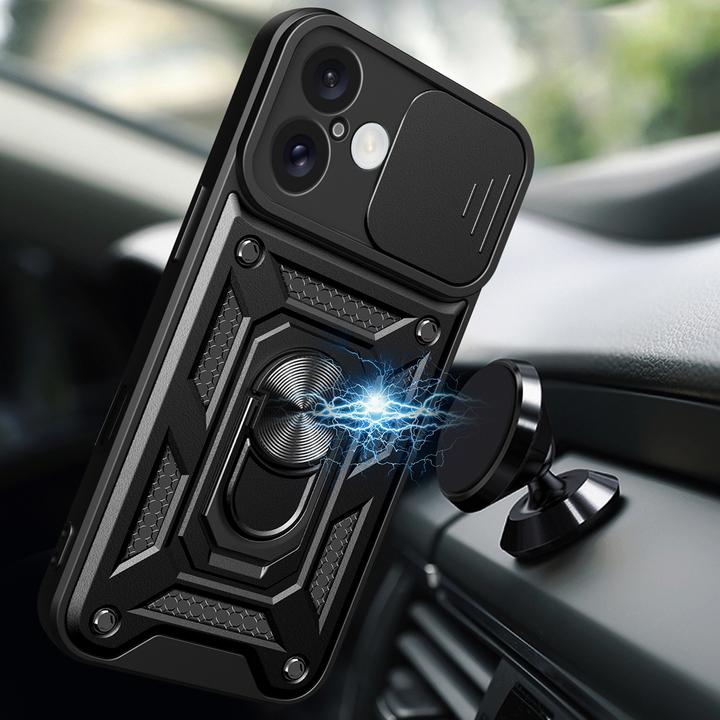 Actual product image Hurtel Hybrid Armor Camshield iPhone 16 Plus Armoured Case with Camera Cover and Stand - Black (Apple iPhone 16 Plus)