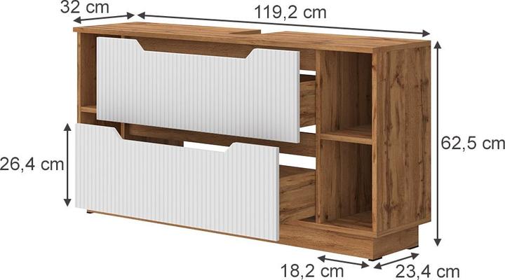 Actual product image Vicco Waschbeckenunterschrank Lotta, Eiche/weiss gestreift, 119.2 x 62.5 cm mit 2 Schubladen (119.20 x 32 x 62.50 cm)
