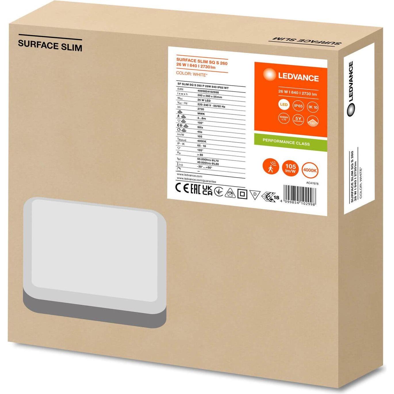 Thumbnail - Ledvance, Wandleuchte + Deckenleuchte, SURFACE SLIM Wand-/Deckenleuchte IK10 260 Sensor 26W 840 weiss IP65 (2730 lm)