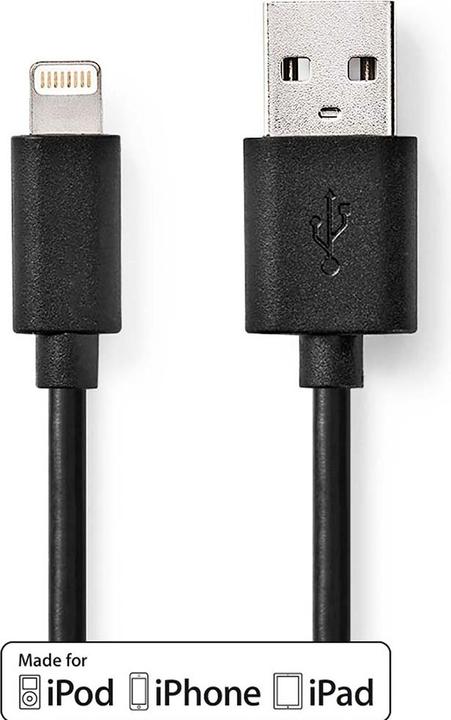 Actual product image Nedis USB cable USB 2.0 Apple Lightning 8-pin USB-A male 480 Mbps 12 W Nickel-plated round PVC Box 1. (1 m, USB 2.0, 12 W)