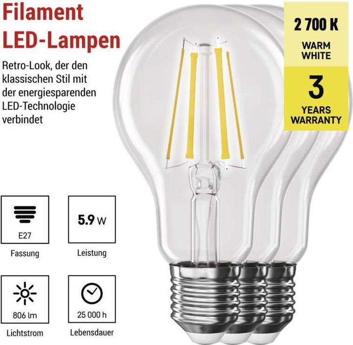 Actual product image Emos LED FLM A60 5,9W(60W) 806lm E27 WW 3PC (E27, 806 lm, 3x)