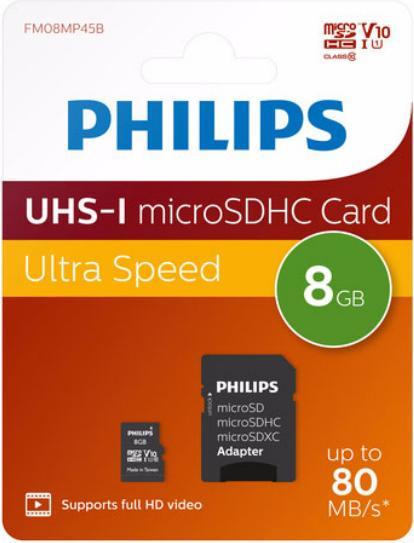 Immagine prodotto Philips Scheda MicroSDHC 8GB Classe 10 UHS-I U1 incl. adattatore (8 GB, microSDHC, U1, UHS-I)