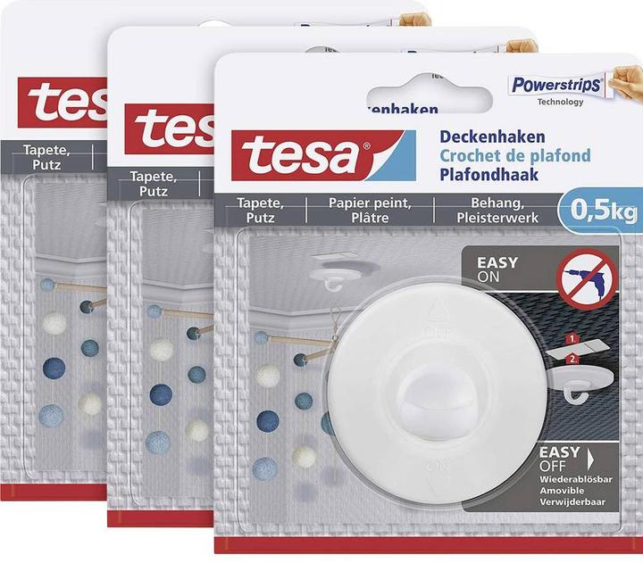 tesa 3x Deckenhaken für Tapete & Putz, selbstklebend