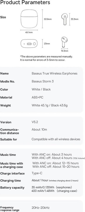 Image du produit Baseus Écouteurs TWS Storm 3, ANC (noir) (ANC, 20 h, Sans fil)