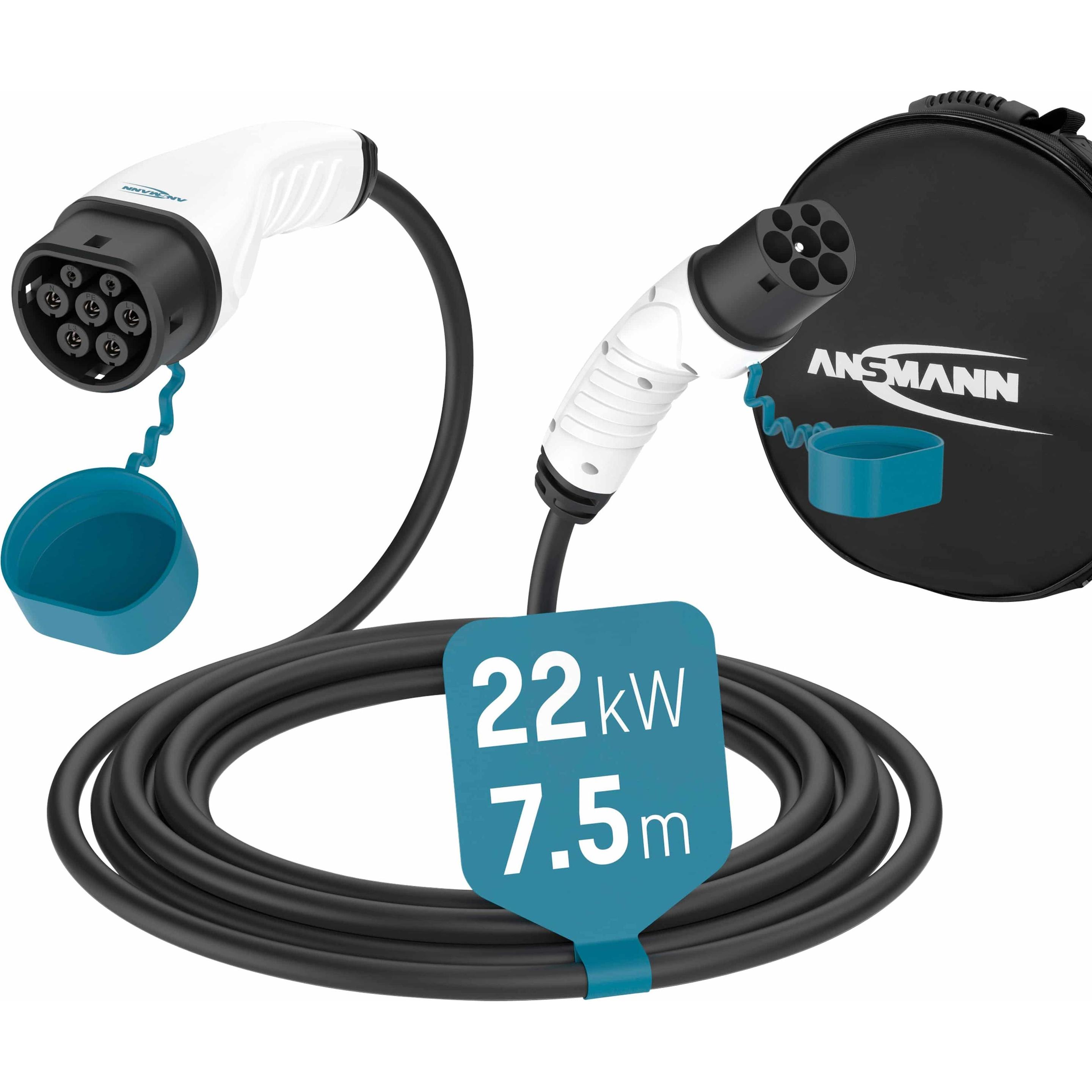 Ansmann, Cavo di ricarica per auto elettrica, 1900-0120 Cavo di ricarica per auto 22kW Tipo2 7,5m (Tipo 2, 22 kW, 7.50 m)