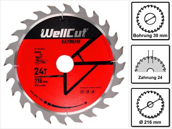 Productafbeelding Wellcut Cirkelzaagblad WC-M2163024 TCT 216 x 2,4 x 30 mm 24 tanden