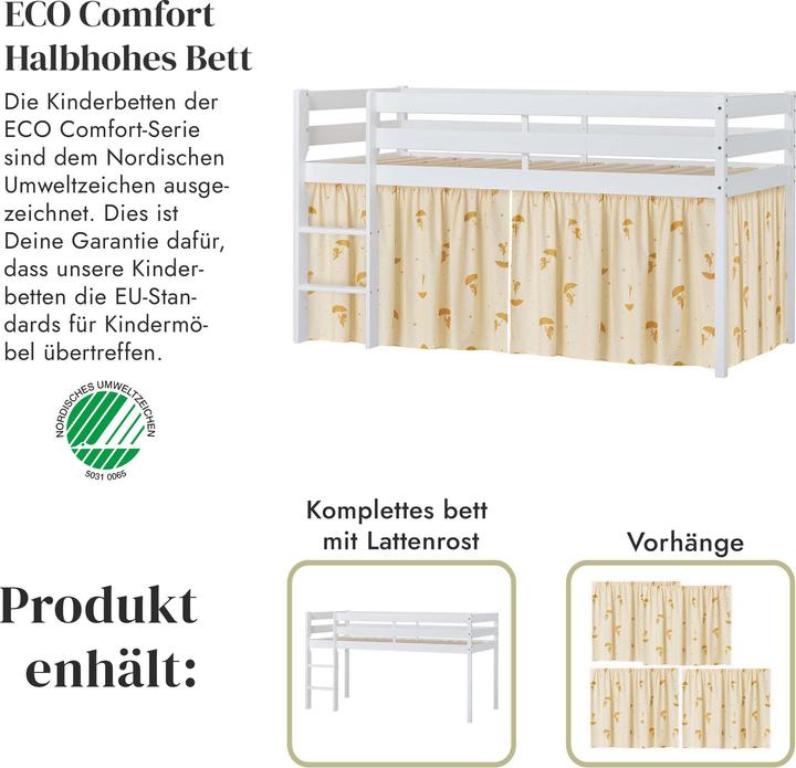 Actual product image Hoppekids ECO Comfort half high bed 90x200 with Yellow Ole Lukoie curtain, White (90 x 200 cm)