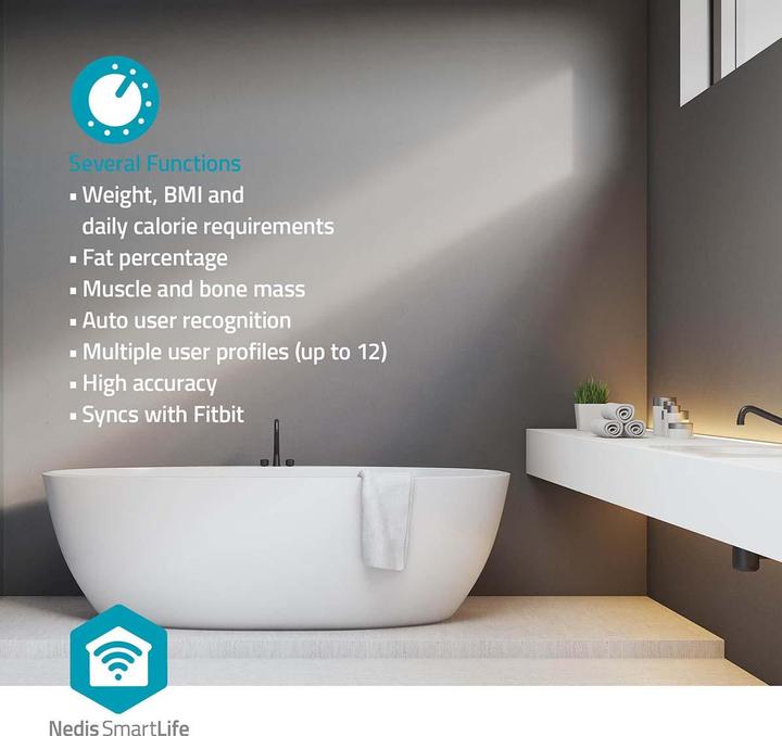 Produktbild Nedis WIFI-SmartLife-Personenwaage Bluetooth® | BMI / BMR / Fett / Gebeine / Gewicht / Muskeln / Was (180 kg)