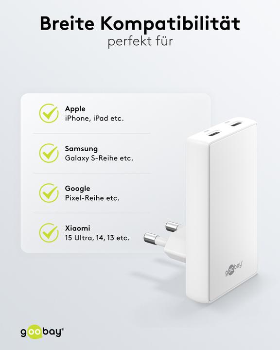 Produktbild Goobay USB-C PD GaN Dual-Schnellladegerät 90° Flat 45 W weiss (45 W, 2 Ports)