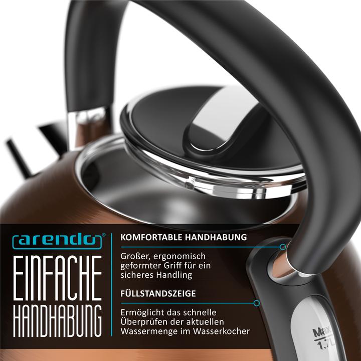 Actual product image Arendo Kettle 1.7 l, 2200 W, stainless steel, retro style vintage, overheat & dry boil protection, copper (1.70 l)