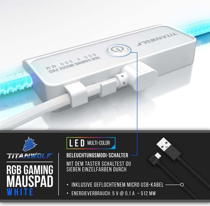 Immagine prodotto Titanwolf Tappetino per mouse da gioco RGB, tappetino per mouse XL 800 x 300 mm migliora la precisione e la (XL)