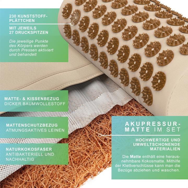 Produktbild Mybeo Akkupressurmatte für Massagen 68x42 cm, Kokosfaserfüllung, Tragetasche, bei Kopfschmerzen & Migräne