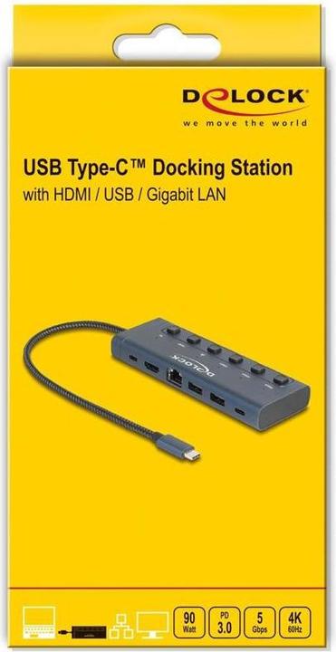 Actual product image Delock USB Type-C Dockingstation 4K - HDMI / USB / Gigabit LAN / PD 3.0 90 W mit Schalter (USB-C, 6 ports)