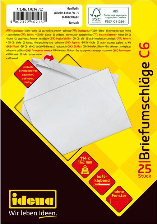 Produktbild Idena BU C6 weiss 75g 25er hk o.F. FSC-Mix (C6, 25 x)