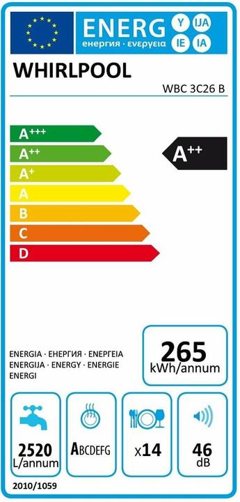 Energie-Label Whirlpool WBC3C26B Spülmaschine Halb integriert 14 Massgedecke