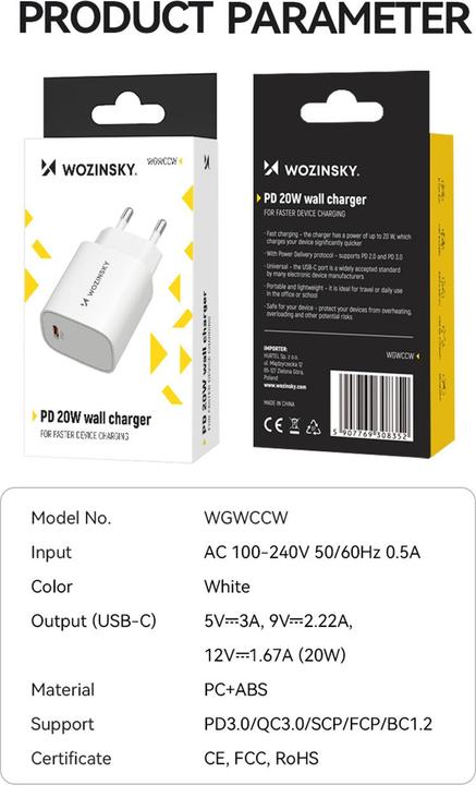 Actual product image Wozinsky WGWCCW 20W USB-C wall charger - white (20 W)
