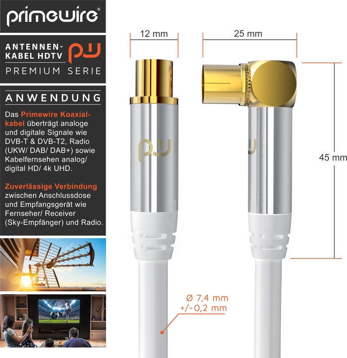 Produktbild Primewire Antennenkabel gewinkelt, Koaxialkabel 75 Ohm HDTV, Radio, DVB-T DVB-T2 DVB-S2 TV Antennen Kabel (135 dB, Antennenkabel)