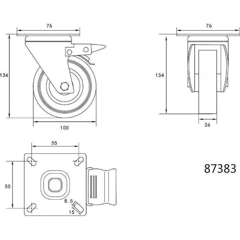 Thumbnail - Toya, Möbelrollen, Lenkrolle mit grauem Gummi und Bremse 100 mm 87383