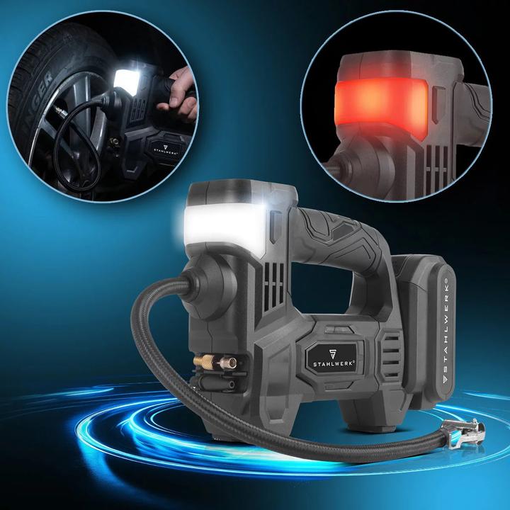 Produktbild Stahlwerk Akku Druckluftkompressor – 72 Watt Leistung und 2000 mAh Akku (10.30 Bar)