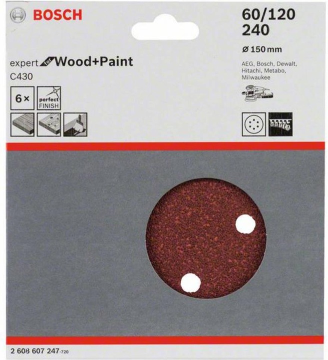 Produktbild Bosch Professional Zubehör Schleifblatt C430, 150 mm, 60, 120, 240, 6 Löcher, Klett, 6er-Pack (60, 120, 240)
