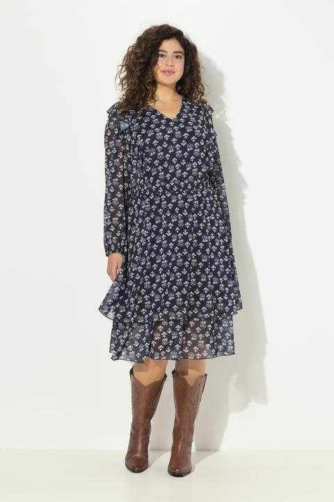 Produktbild Ulla Popken Kleid, doppellagig, V-Ausschnitt, Rüsche, Langarm (62)