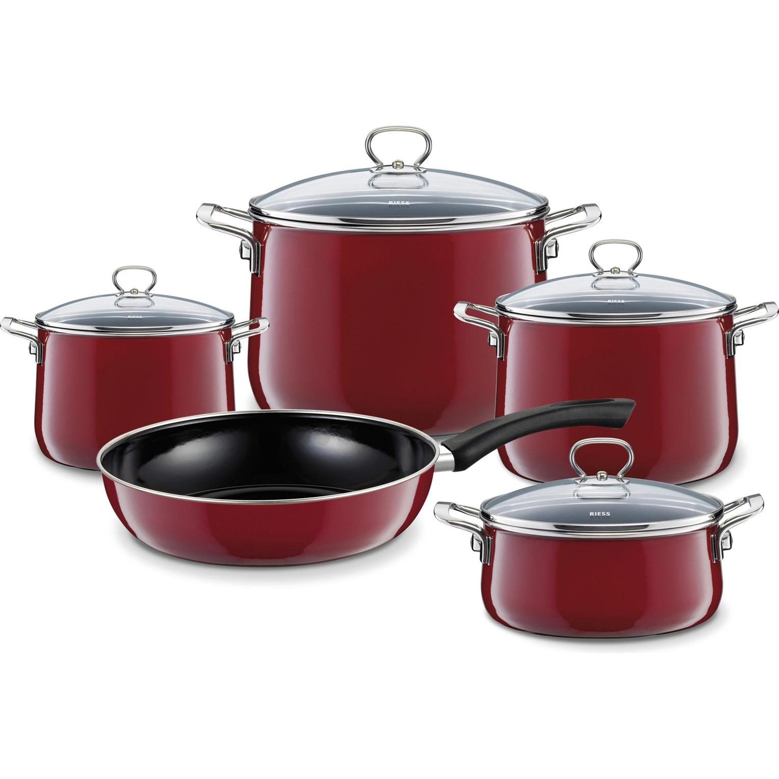 Riess Set smalto 5 pezzi: Padella + Pentola, Colore Rosso