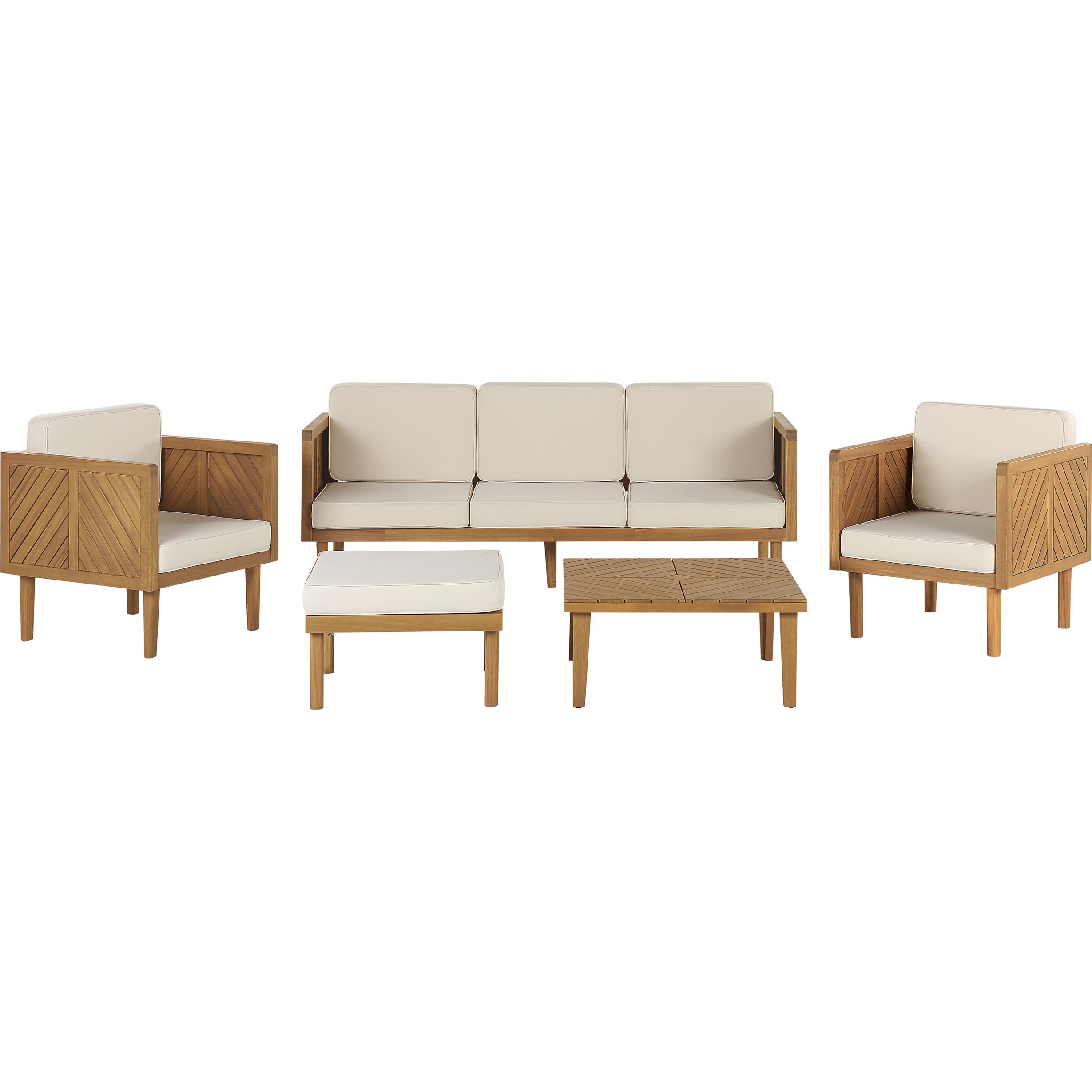 Beliani, Gartenlounge, Lounge Set 5-teilig Akazienholz hellbraun 5-Sitzer Auflagen creme BARATTI