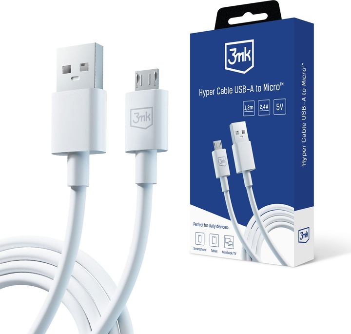 Actual product image 3MK Hyper Cable USB-A - Micro USB 1.2m 5V 2.4A Biały/White cable (1.20 m)