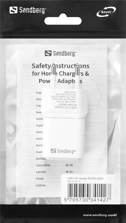 Actual product image Sandberg USB-C AC Charger PD20W SAVER (20 W, 1 portion)