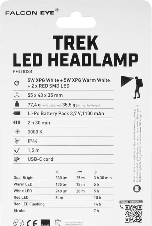 Immagine prodotto Mactronic Headlamp Flashlight Trek 330 lm USB-C Rechargeable Dual Power System Green (330 lm)