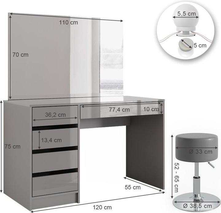Produktbild Vicco Sherry mit Hocker und Beleuchtung (55 x 75 x 120 cm)