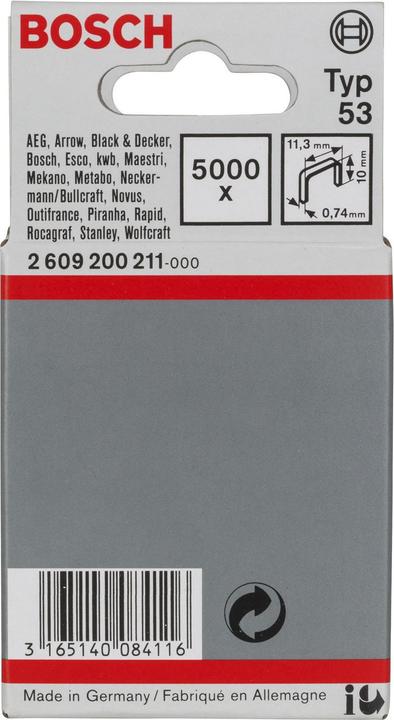 Produktbild Bosch Professional Zubehör Feindrahtklammer Typ 53, 11,4 x 0,74 x 10 mm, 5000er-Pack