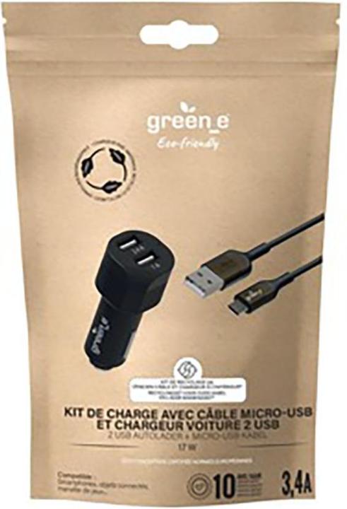 Produktbild Green_e KIT CHARGEUR VOITURE 17W 2USB A + CABLE MICRO USB 1.3M