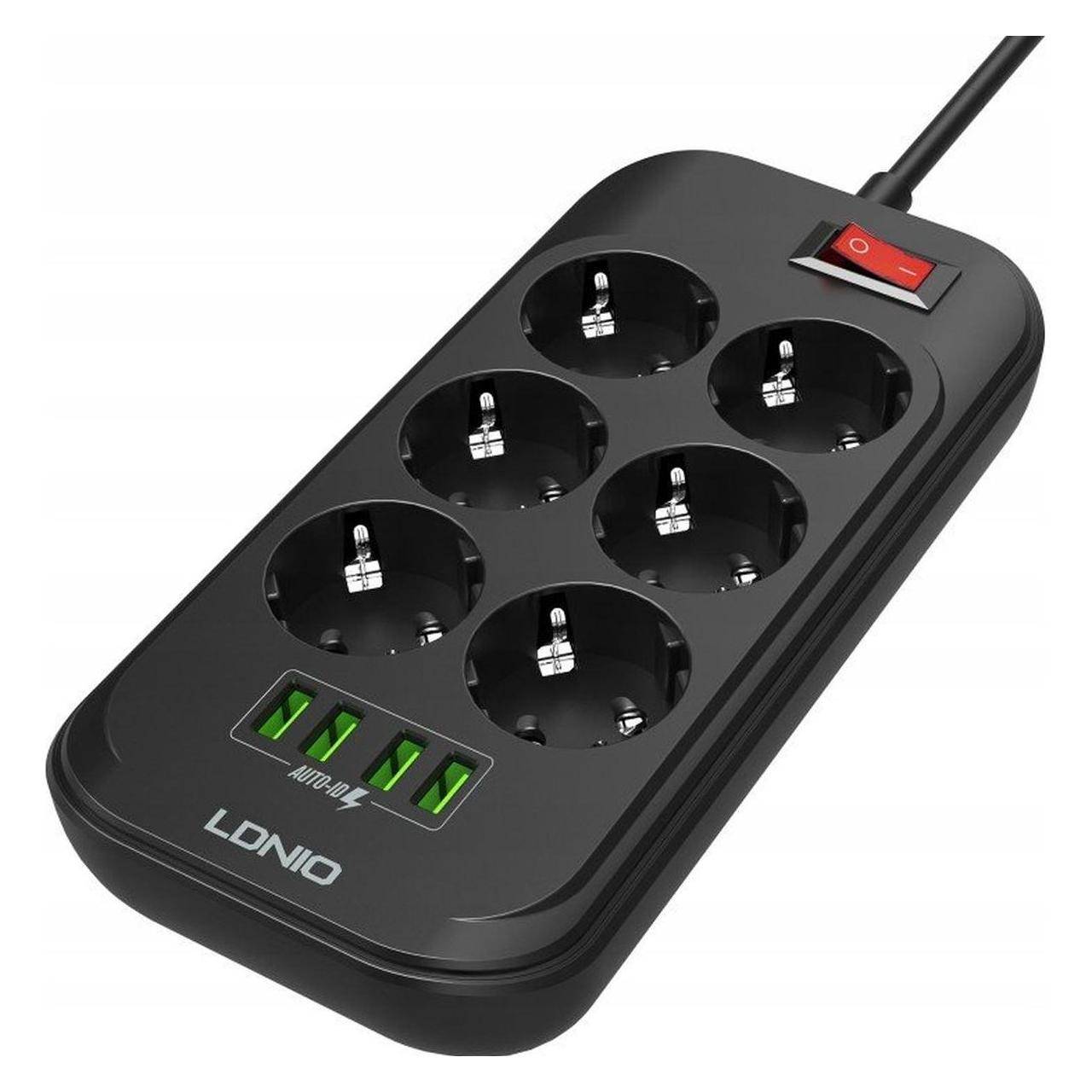 Ldnio, Stekkerdoos, Listwa Zasilająca Z 6 Gniazdami Ac, 4x Usb, SE6403, 2m (czarna) (6x, Cee 7/3, 2 m)
