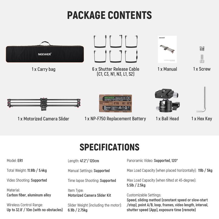 Actual product image Neewer 120cm Carbon Fiber Motorized Camera Slider With App Control (Slider)