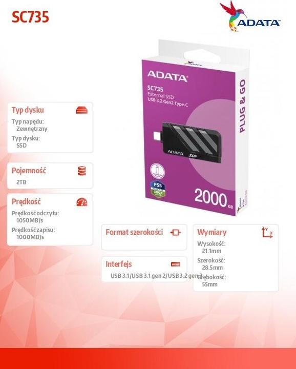 Immagine prodotto Adata SSD 2.0TB External SC735 U3.2 Gen2 Black/Gray (2 TB)