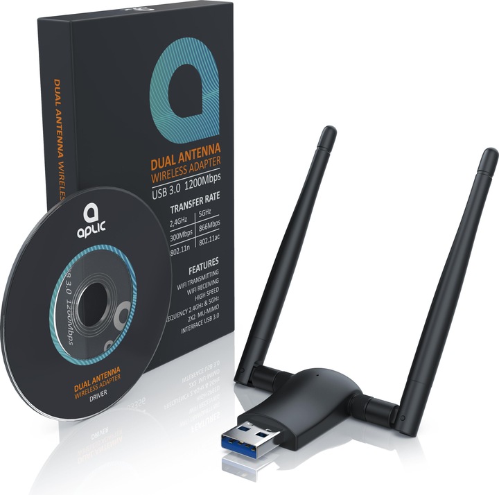 Produktbild Aplic WLAN Stick, WIFI Dongle USB 3.0, 1200 MBit/s Dual Band 2,4 + 5 Ghz externe Antennen (USB)