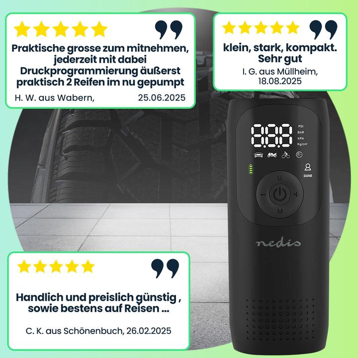 Produktbild Nedis Wiederaufladbarer Luftkompressor - 0.1-150 psi - Dunlop-Ventil - Betriebsarten: Auto/Motorrad/