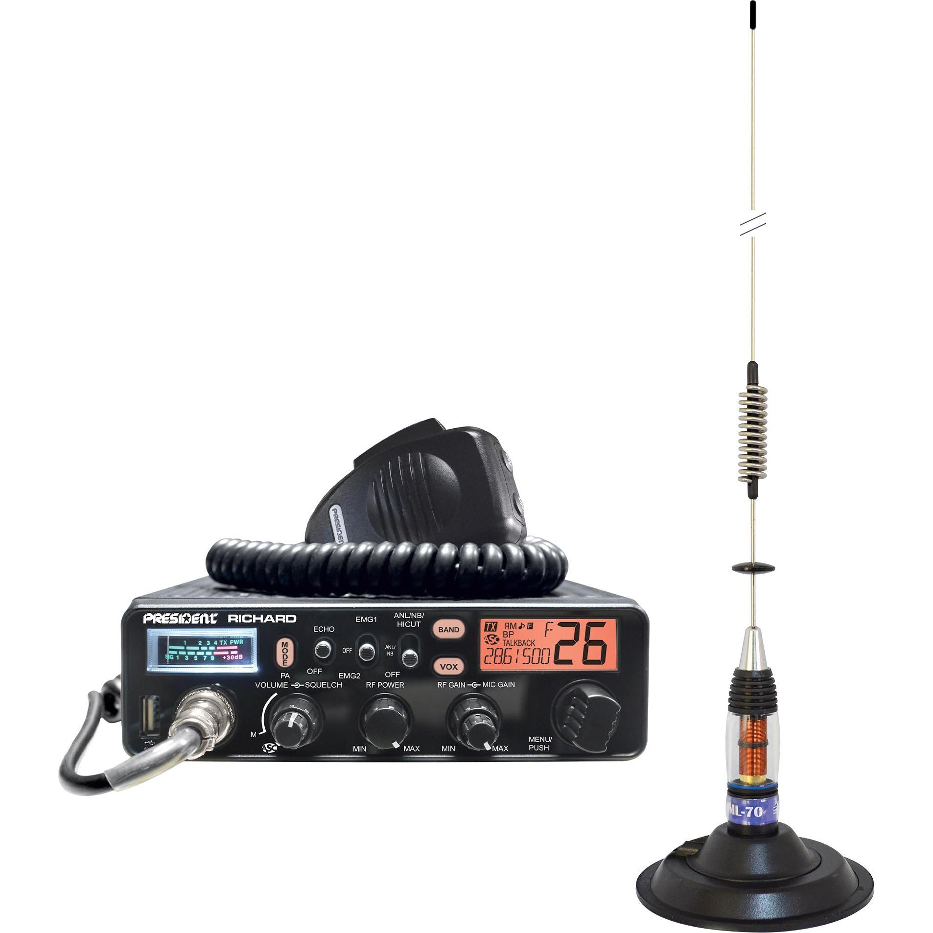 PNI Paket President Richard ASC 10M CB-Funkgerät + ML70 CB-Antenne, Länge 70 cm, 26–30 MHz, 200 W, Walkie-Talkie