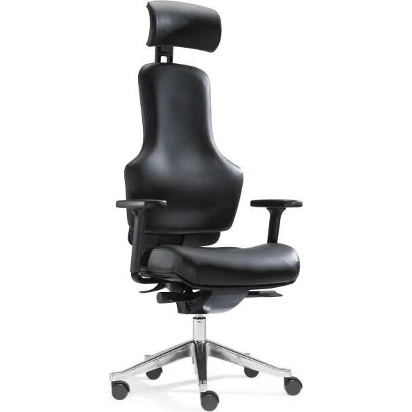 Sitwell, Bürostuhl, Bandscheiben-Drehstuhl Ortholetic-Balance mit Kopfstütze Echt-Leder schwarz mit Armlehnen