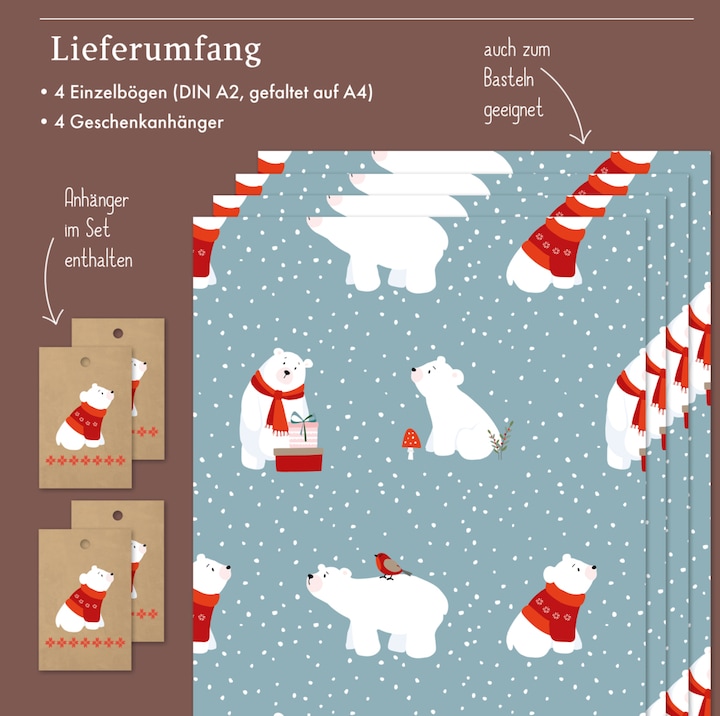 Produktbild Dabelino Geschenkpapier Set Weihnachten: Eisbär (für Kinder) (Geschenkpapier, 4 x)