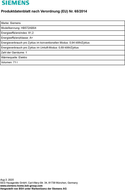 Nährwerte und Zutaten Siemens iQ300 HB572ABS4